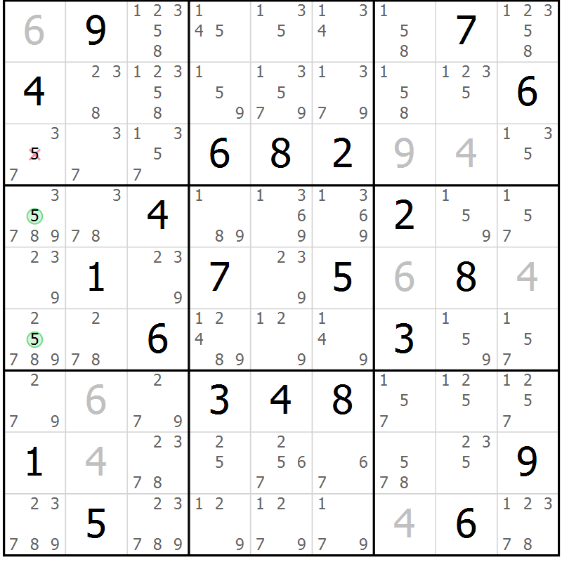 Position des candidats pour la solution de la Gr 52 page 55 du magazine de sudoku Giga sudoku niv 6-8 n° 032