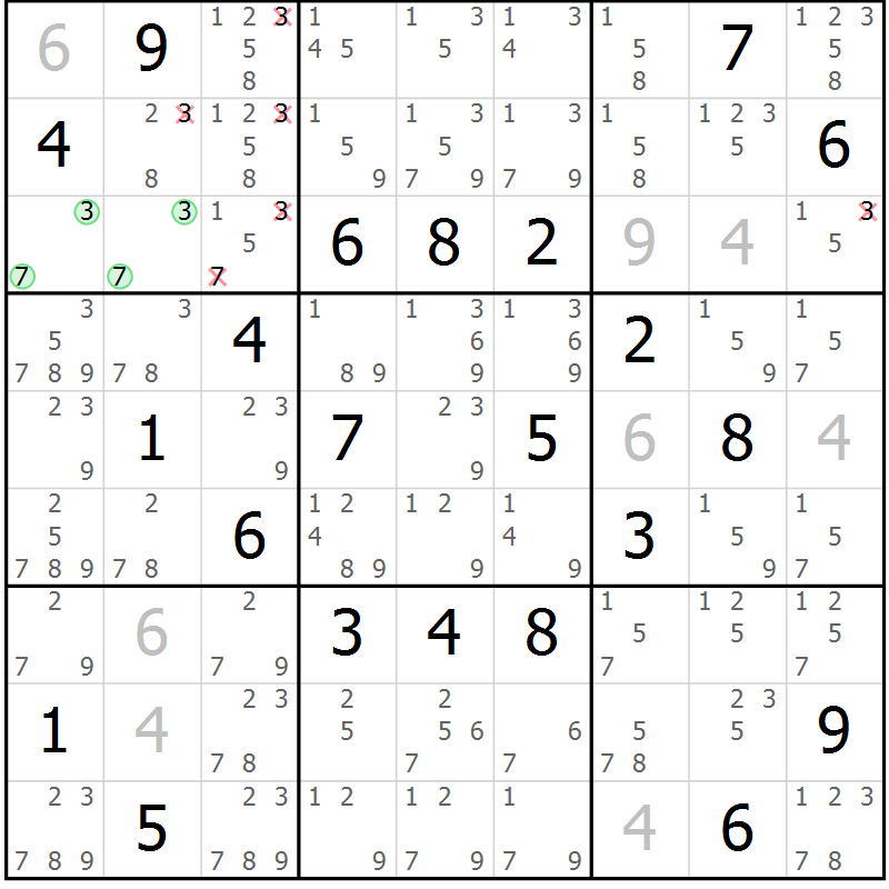 Position des candidats pour la solution de la Gr 52 page 55 du magazine de sudoku Giga sudoku niv 6-8 n° 032