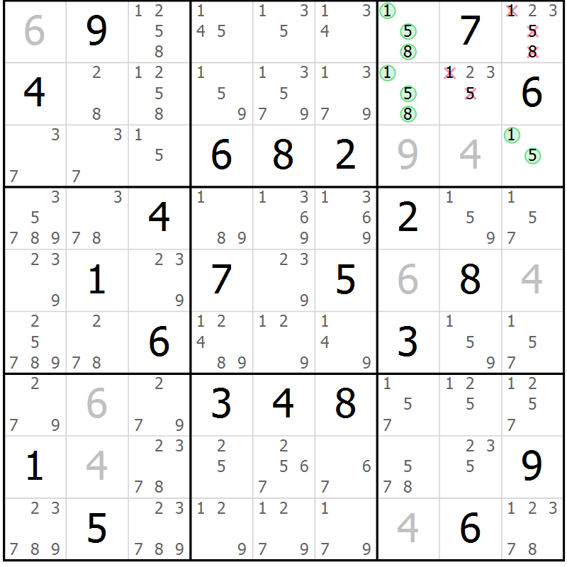 Position des candidats pour la solution de la Gr 52 page 55 du magazine de sudoku Giga sudoku niv 6-8 n° 032