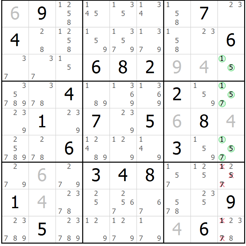 Position des candidats pour la solution de la Gr 52 page 55 du magazine de sudoku Giga sudoku niv 6-8 n° 032