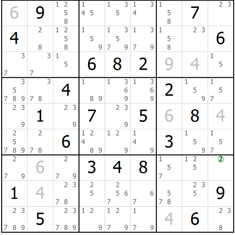 Position des candidats pour la solution de la Gr 52 page 55 du magazine de sudoku Giga sudoku niv 6-8 n° 032