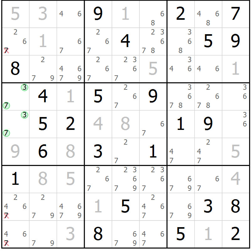 Position des candidats pour la solution de la Gr 53 page 56 du magazine de sudoku Giga sudoku niv 6-8 n° 032