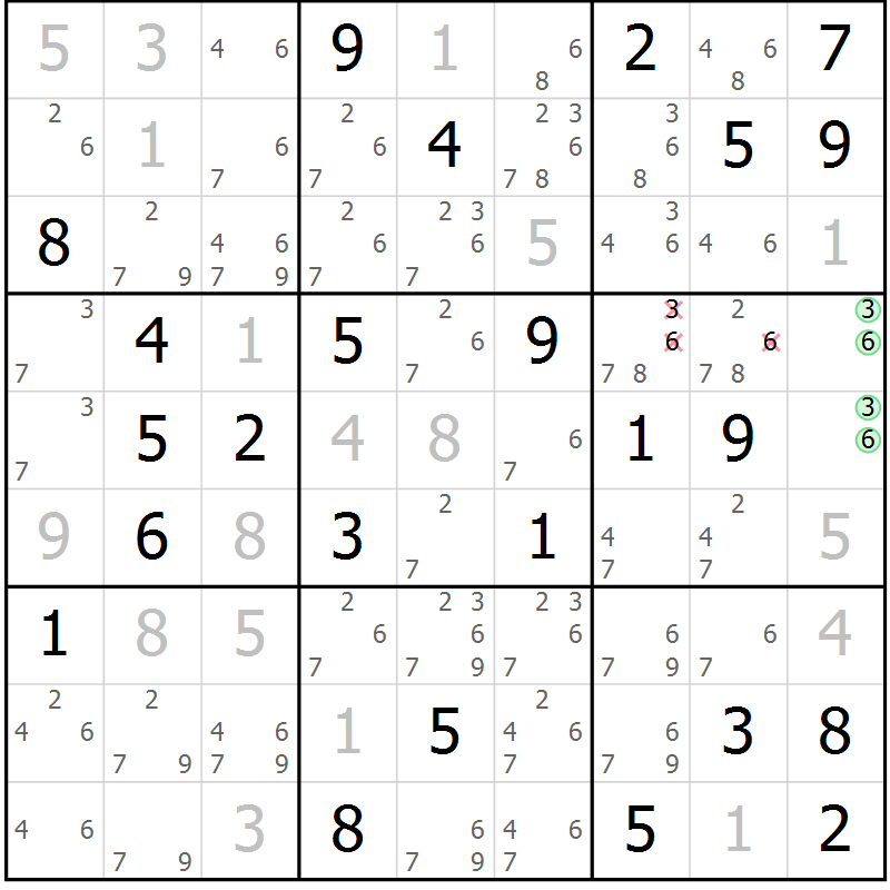 Position des candidats pour la solution de la Gr 53 page 56 du magazine de sudoku Giga sudoku niv 6-8 n° 032