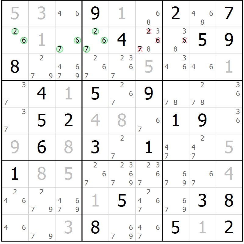Position des candidats pour la solution de la Gr 53 page 56 du magazine de sudoku Giga sudoku niv 6-8 n° 032