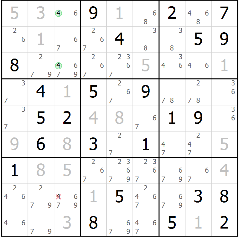 Position des candidats pour la solution de la Gr 53 page 56 du magazine de sudoku Giga sudoku niv 6-8 n° 032
