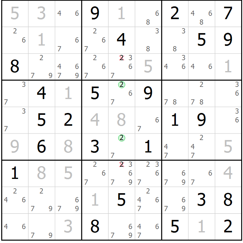 Position des candidats pour la solution de la Gr 53 page 56 du magazine de sudoku Giga sudoku niv 6-8 n° 032