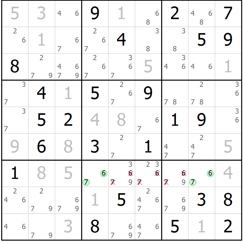 Position des candidats pour la solution de la Gr 53 page 56 du magazine de sudoku Giga sudoku niv 6-8 n° 032