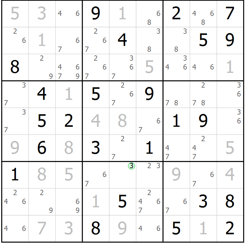 Position des candidats pour la solution de la Gr 53 page 56 du magazine de sudoku Giga sudoku niv 6-8 n° 032