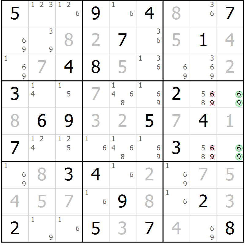 Position des candidats pour la solution de la Gr 54 page 57 du magazine de sudoku Giga sudoku niv 6-8 n° 032