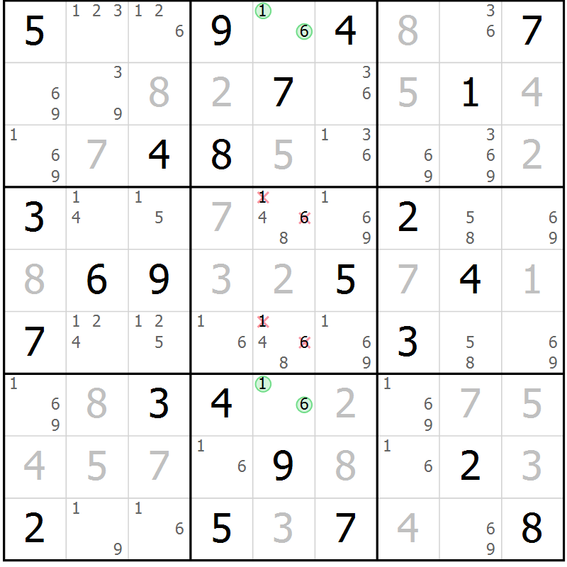 Position des candidats pour la solution de la Gr 54 page 57 du magazine de sudoku Giga sudoku niv 6-8 n° 032