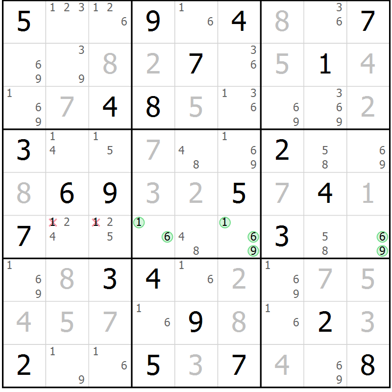 Position des candidats pour la solution de la Gr 54 page 57 du magazine de sudoku Giga sudoku niv 6-8 n° 032