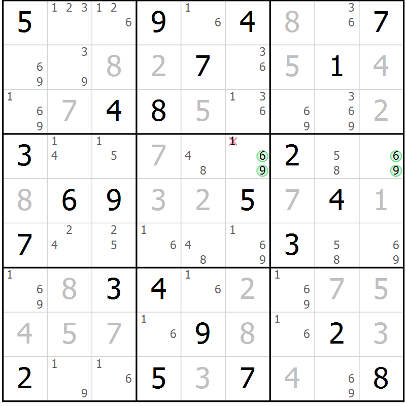Position des candidats pour la solution de la Gr 54 page 57 du magazine de sudoku Giga sudoku niv 6-8 n° 032