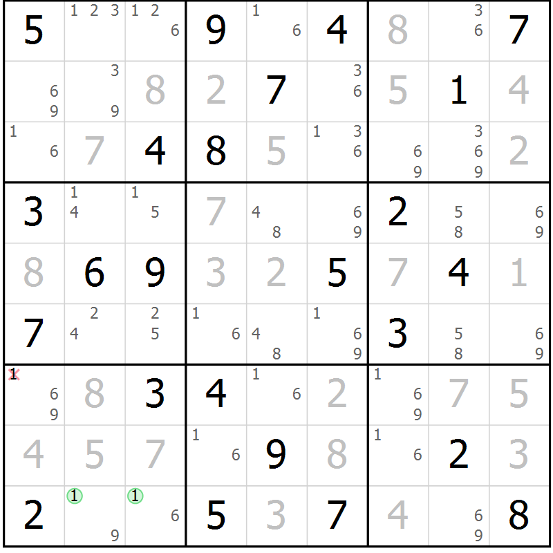 Position des candidats pour la solution de la Gr 54 page 57 du magazine de sudoku Giga sudoku niv 6-8 n° 032