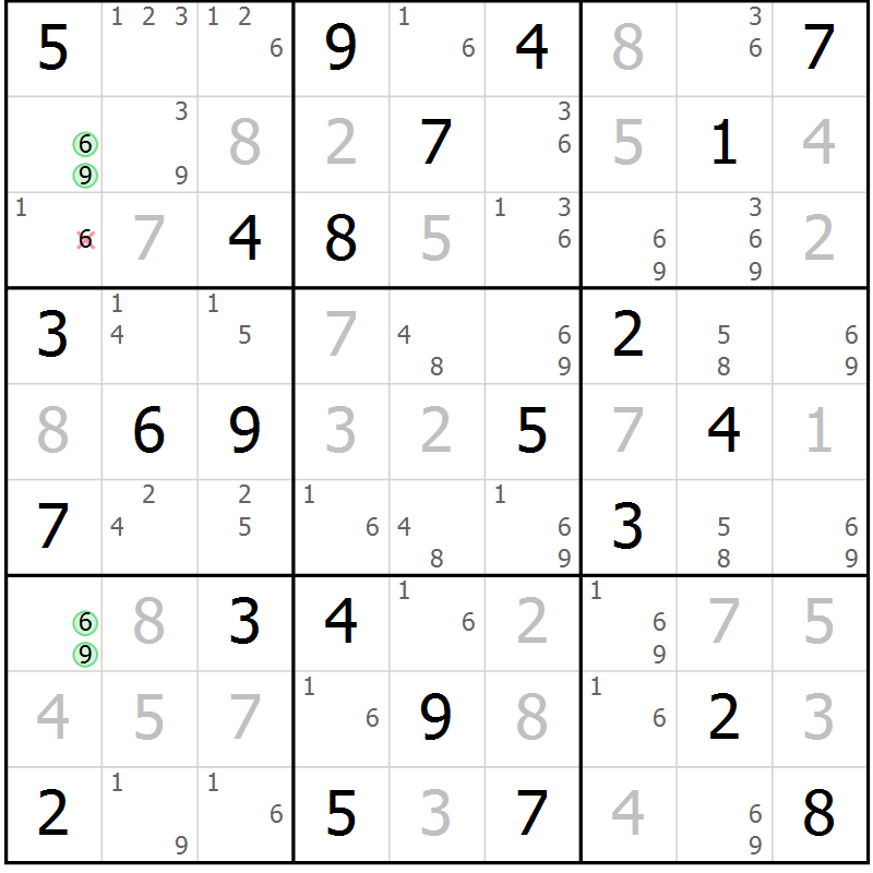 Position des candidats pour la solution de la Gr 54 page 57 du magazine de sudoku Giga sudoku niv 6-8 n° 032