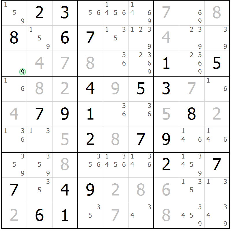 Position des candidats pour la solution de la Gr 55 page 58 du magazine de sudoku Giga sudoku niv 6-8 n° 032