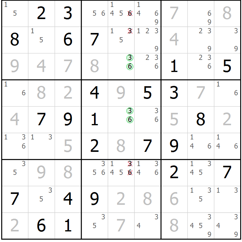 Position des candidats pour la solution de la Gr 55 page 58 du magazine de sudoku Giga sudoku niv 6-8 n° 032