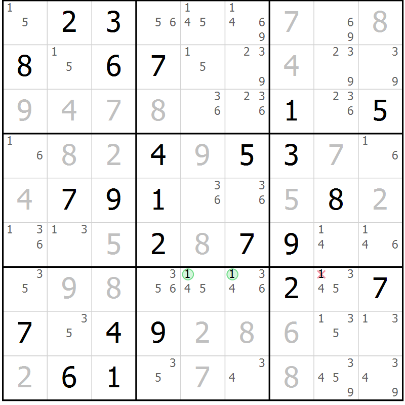 Position des candidats pour la solution de la Gr 55 page 58 du magazine de sudoku Giga sudoku niv 6-8 n° 032