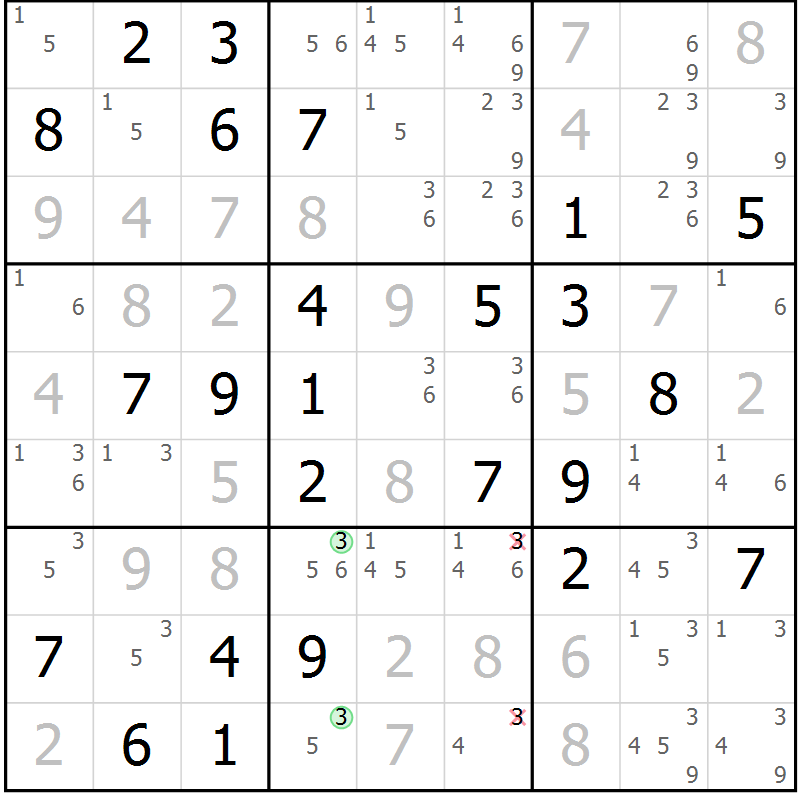 Position des candidats pour la solution de la Gr 55 page 58 du magazine de sudoku Giga sudoku niv 6-8 n° 032