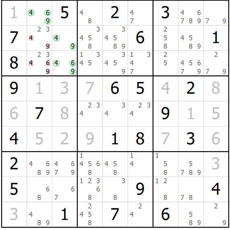 Position des candidats pour la solution de la Gr 56 page 59 du magazine de sudoku Giga sudoku niv 6-8 n° 032