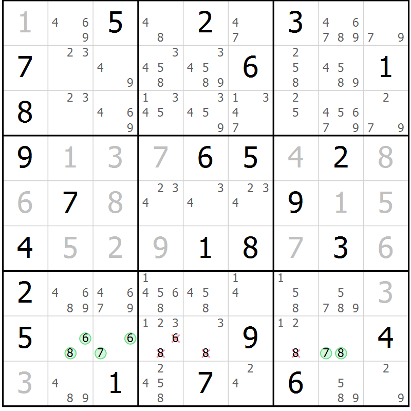 Position des candidats pour la solution de la Gr 56 page 59 du magazine de sudoku Giga sudoku niv 6-8 n° 032