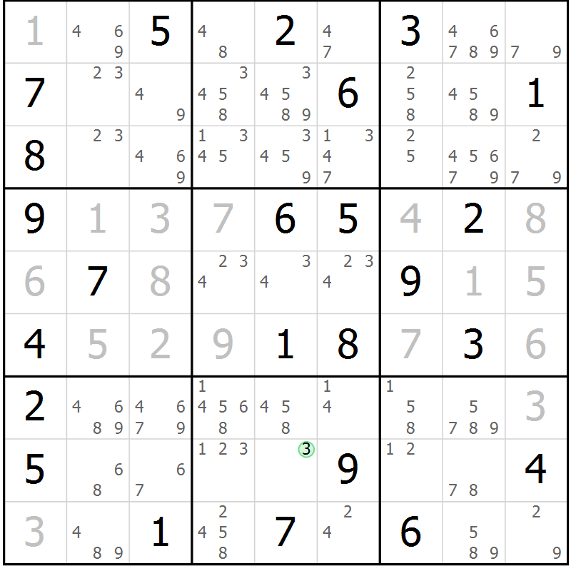 Position des candidats pour la solution de la Gr 56 page 59 du magazine de sudoku Giga sudoku niv 6-8 n° 032