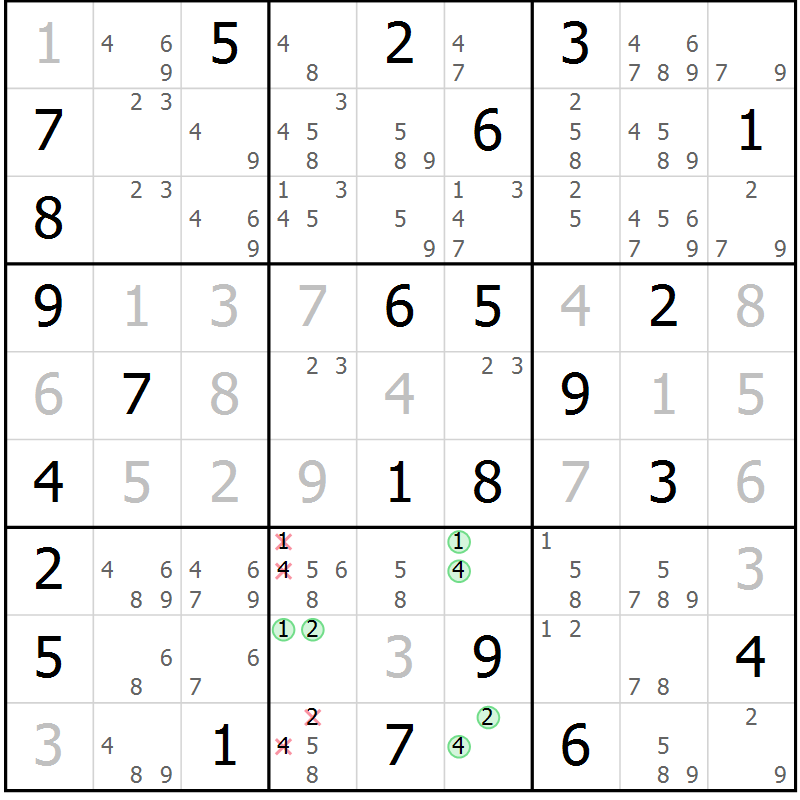 Position des candidats pour la solution de la Gr 56 page 59 du magazine de sudoku Giga sudoku niv 6-8 n° 032