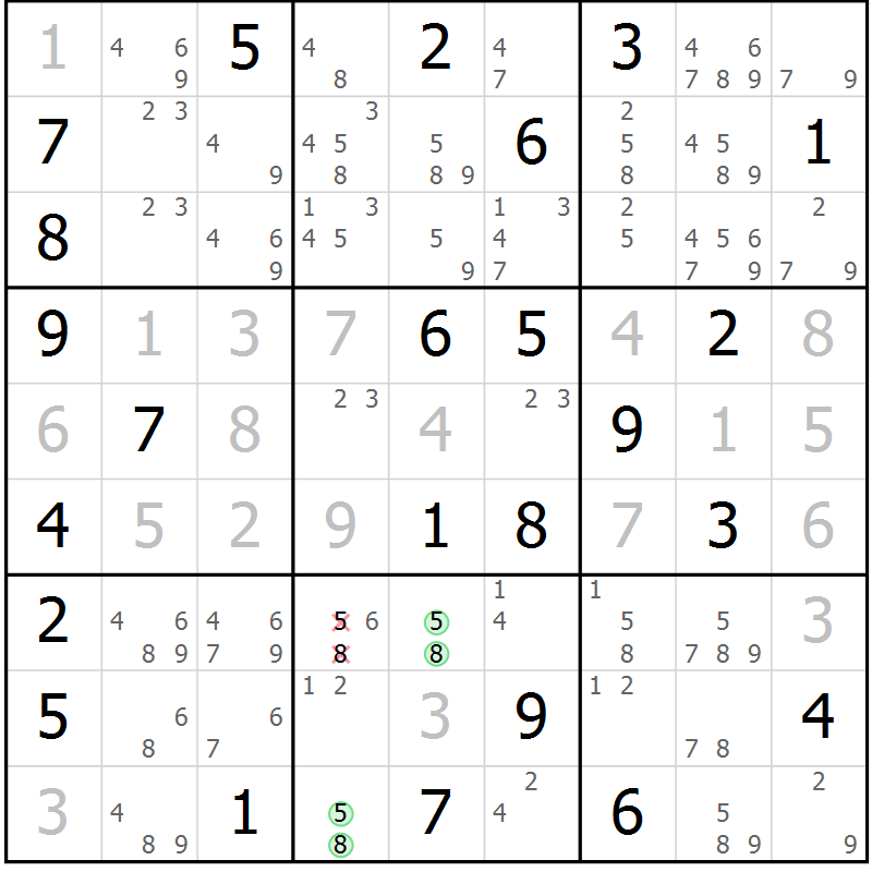 Position des candidats pour la solution de la Gr 56 page 59 du magazine de sudoku Giga sudoku niv 6-8 n° 032