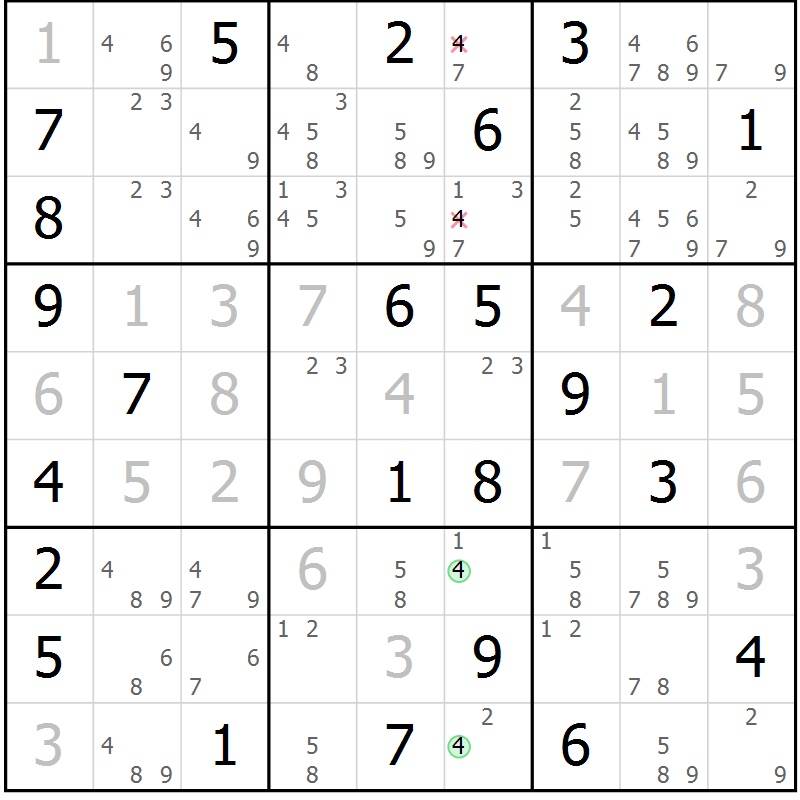 Position des candidats pour la solution de la Gr 56 page 59 du magazine de sudoku Giga sudoku niv 6-8 n° 032