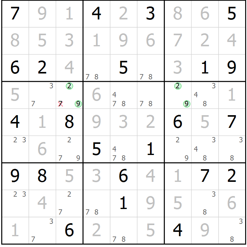 Position des candidats pour la solution de la Gr 57 page 60 du magazine de sudoku Giga sudoku niv 6-8 n° 032