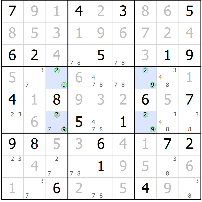 Position des candidats pour la solution de la Gr 57 page 60 du magazine de sudoku Giga sudoku niv 6-8 n° 032