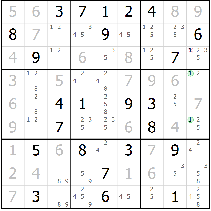 Position des candidats pour la solution de la Gr 58 page 61 du magazine de sudoku Giga sudoku niv 6-8 n° 032