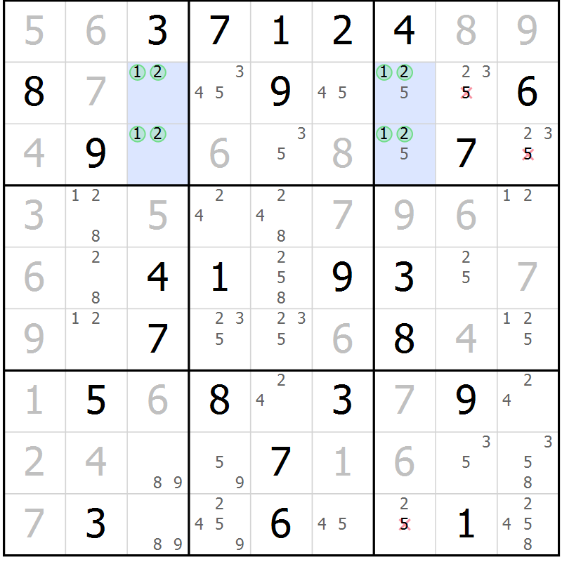 Position des candidats pour la solution de la Gr 58 page 61 du magazine de sudoku Giga sudoku niv 6-8 n° 032