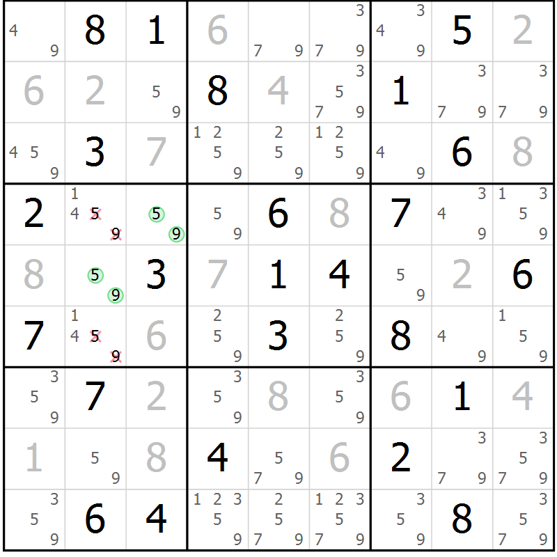 Position des candidats pour la solution de la Gr 59 page 62 du magazine de sudoku Giga sudoku niv 6-8 n° 032