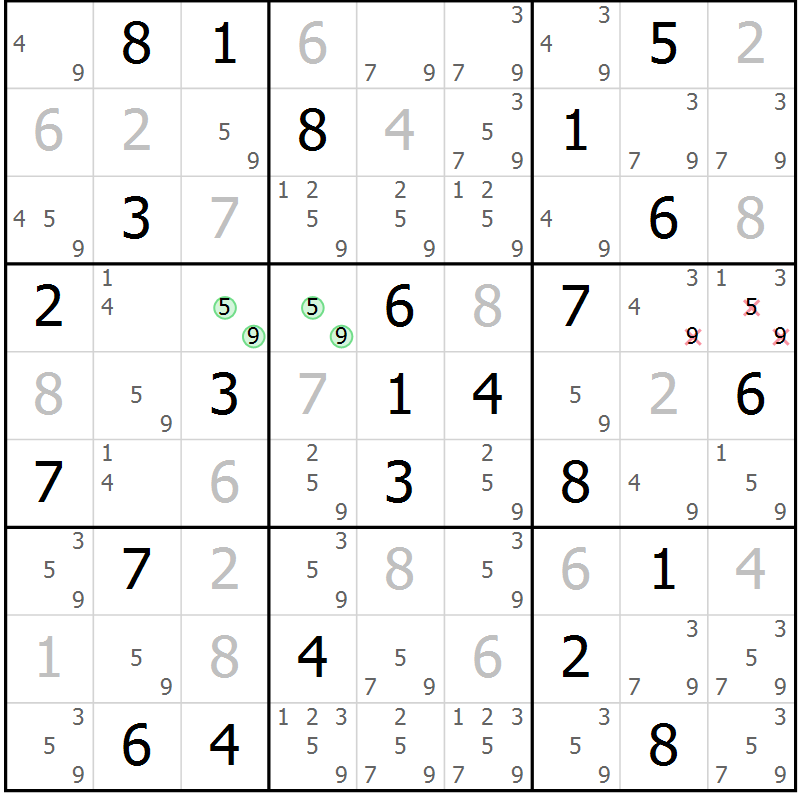 Position des candidats pour la solution de la Gr 59 page 62 du magazine de sudoku Giga sudoku niv 6-8 n° 032