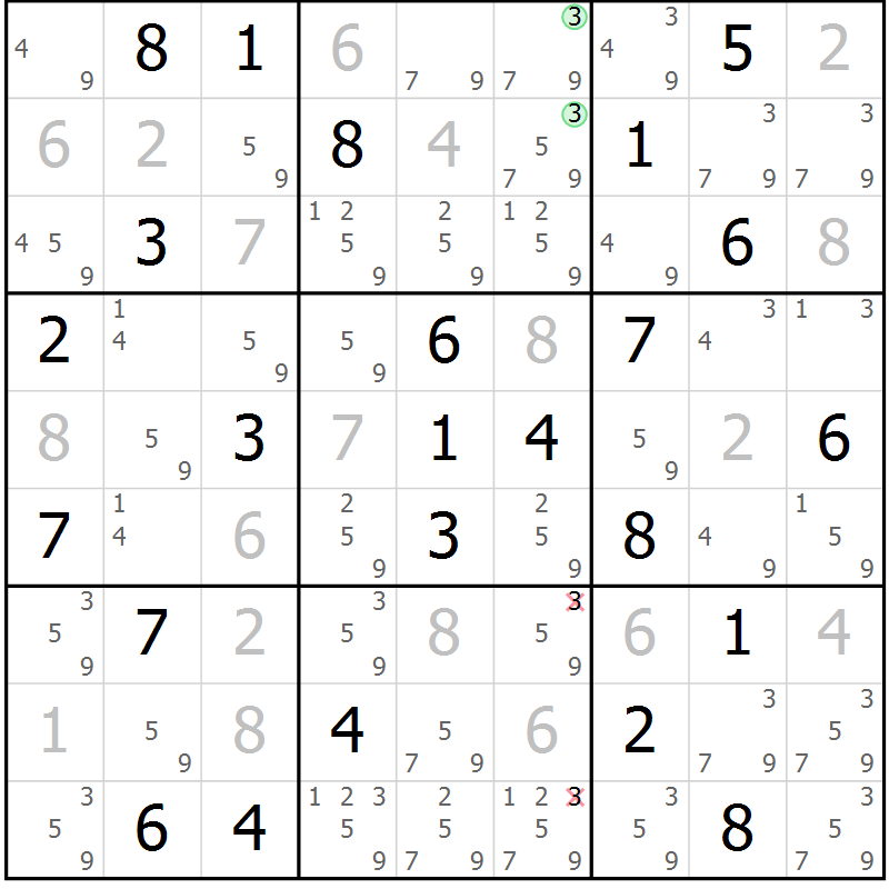 Position des candidats pour la solution de la Gr 59 page 62 du magazine de sudoku Giga sudoku niv 6-8 n° 032