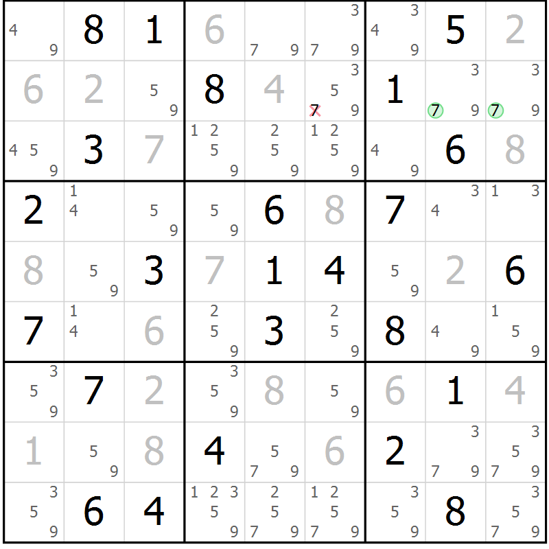 Position des candidats pour la solution de la Gr 59 page 62 du magazine de sudoku Giga sudoku niv 6-8 n° 032