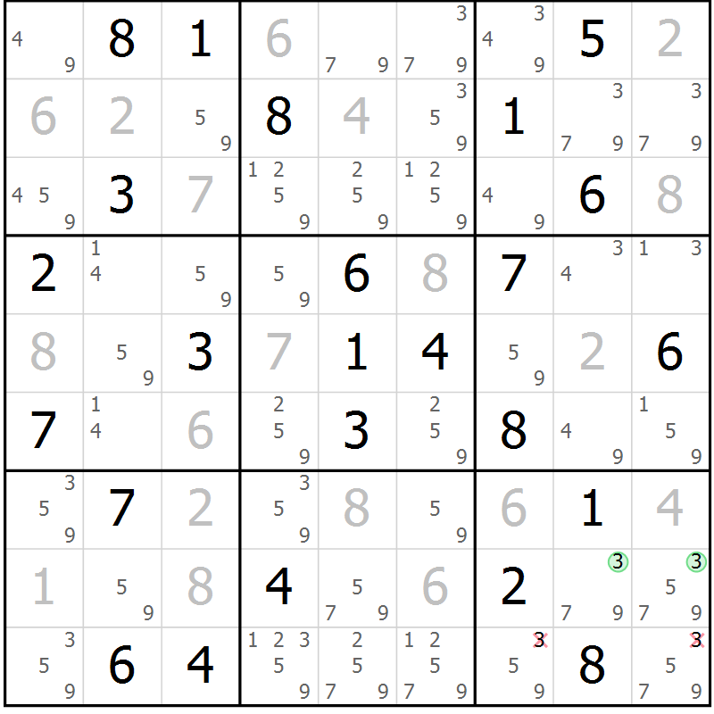 Position des candidats pour la solution de la Gr 59 page 62 du magazine de sudoku Giga sudoku niv 6-8 n° 032