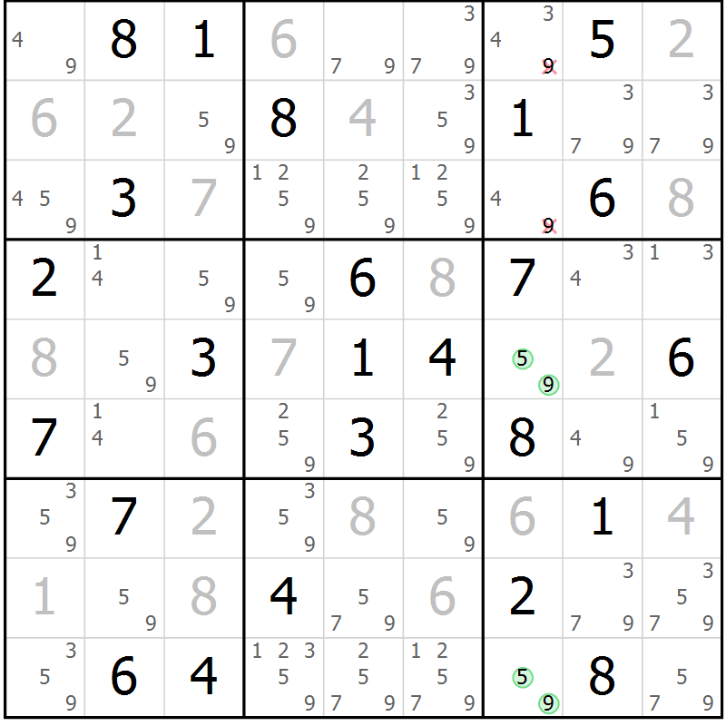 Position des candidats pour la solution de la Gr 59 page 62 du magazine de sudoku Giga sudoku niv 6-8 n° 032