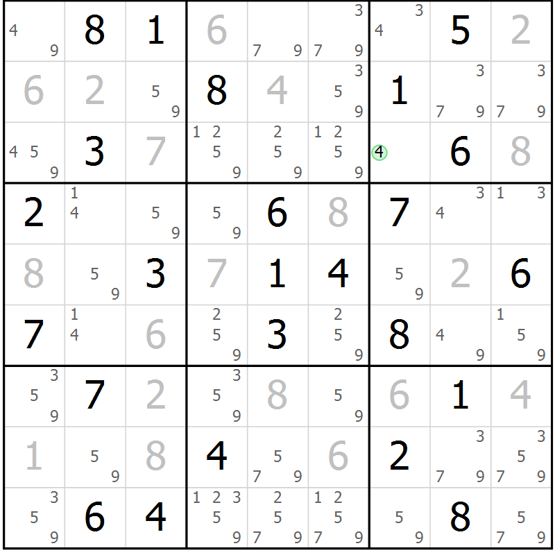 Position des candidats pour la solution de la Gr 59 page 62 du magazine de sudoku Giga sudoku niv 6-8 n° 032