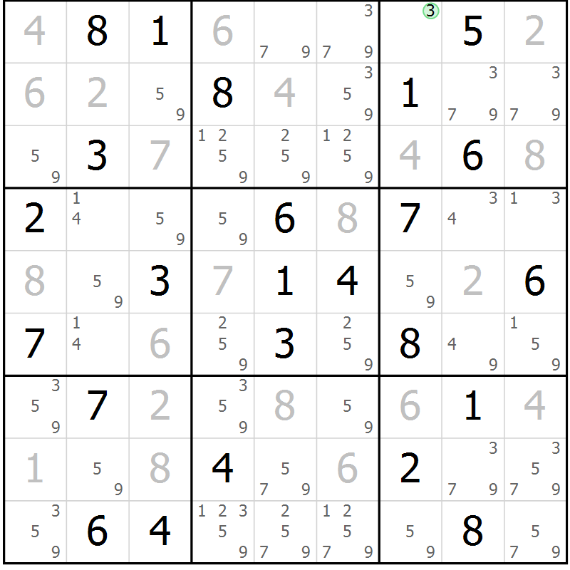 Position des candidats pour la solution de la Gr 59 page 62 du magazine de sudoku Giga sudoku niv 6-8 n° 032