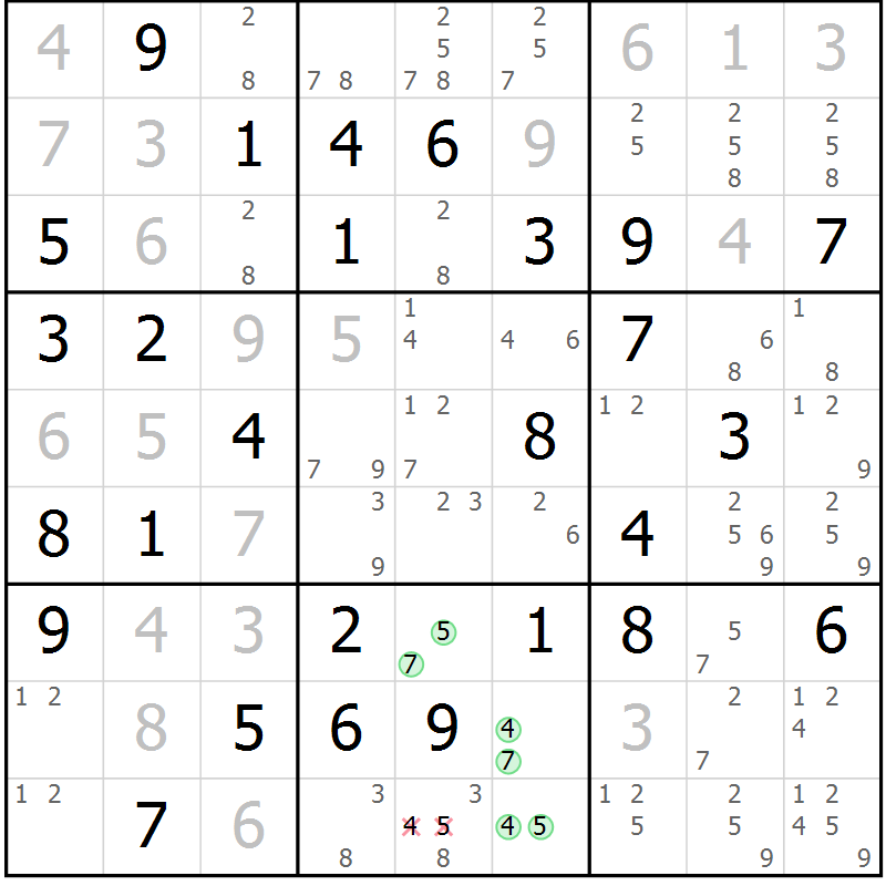Position des candidats pour la solution de la Gr 6 page 9 du magazine de sudoku Giga sudoku niv 6-8 n° 032