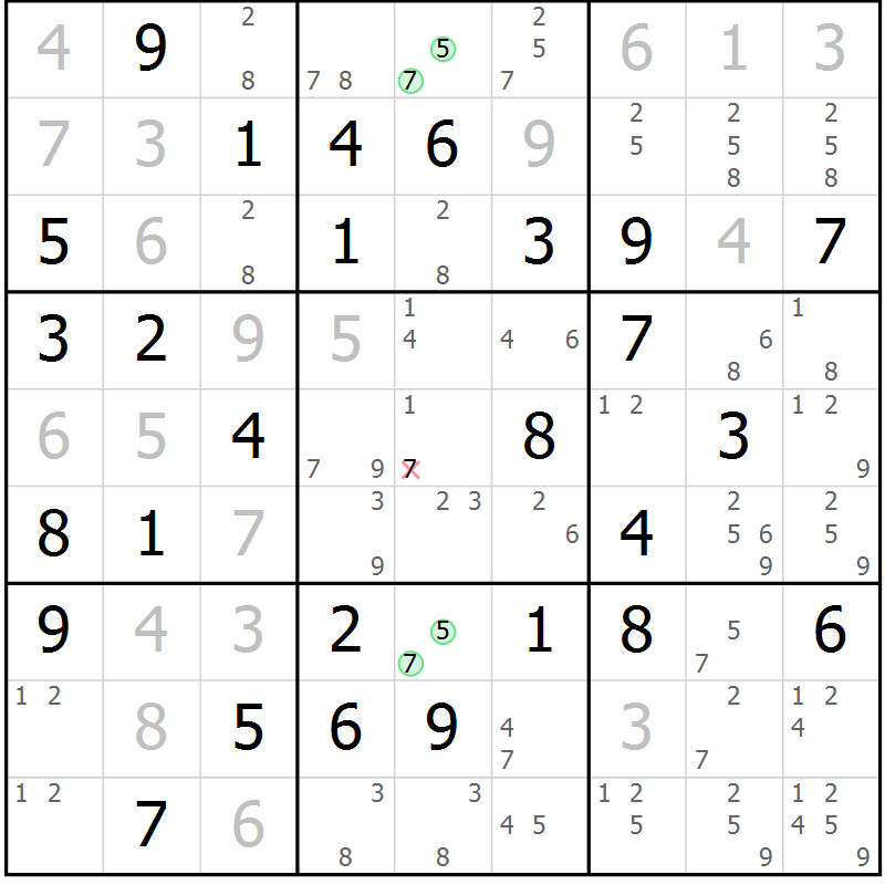 Position des candidats pour la solution de la Gr 6 page 9 du magazine de sudoku Giga sudoku niv 6-8 n° 032