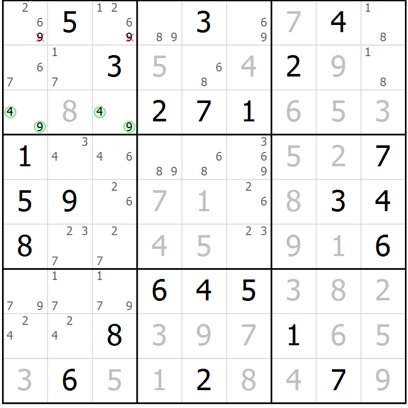 Position des candidats pour la solution de la Gr 60 page 63 du magazine de sudoku Giga sudoku niv 6-8 n° 032