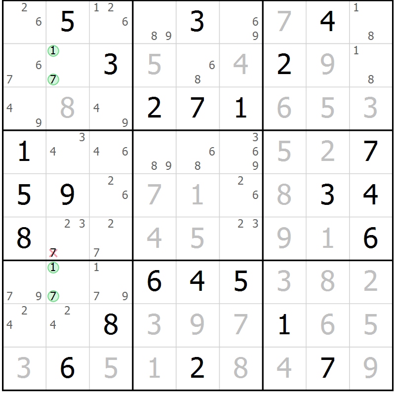 Position des candidats pour la solution de la Gr 60 page 63 du magazine de sudoku Giga sudoku niv 6-8 n° 032