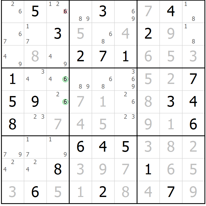 Position des candidats pour la solution de la Gr 60 page 63 du magazine de sudoku Giga sudoku niv 6-8 n° 032