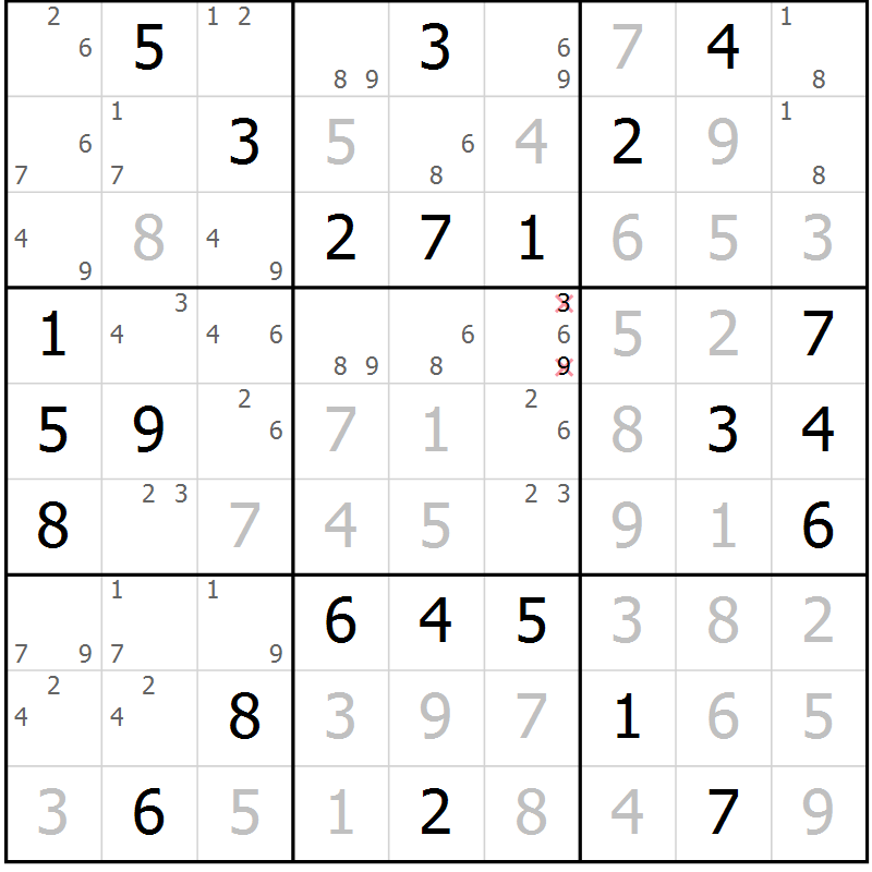 Position des candidats pour la solution de la Gr 60 page 63 du magazine de sudoku Giga sudoku niv 6-8 n° 032