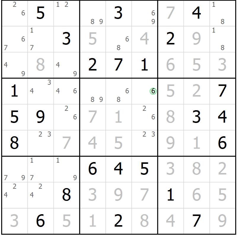 Position des candidats pour la solution de la Gr 60 page 63 du magazine de sudoku Giga sudoku niv 6-8 n° 032
