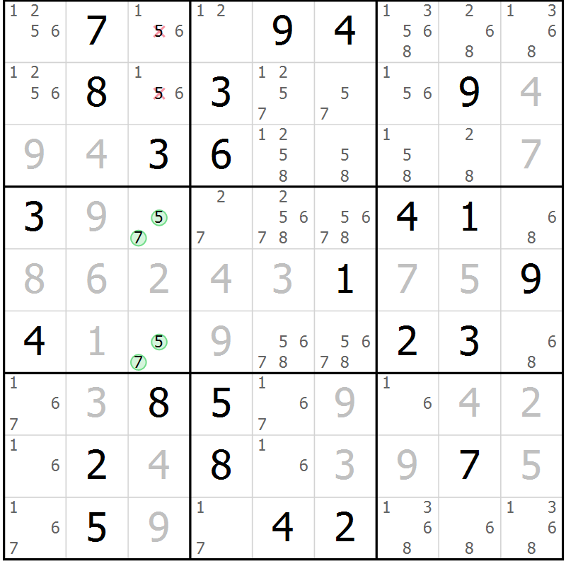 Position des candidats pour la solution de la Gr 61 page 64 du magazine de sudoku Giga sudoku niv 6-8 n° 032