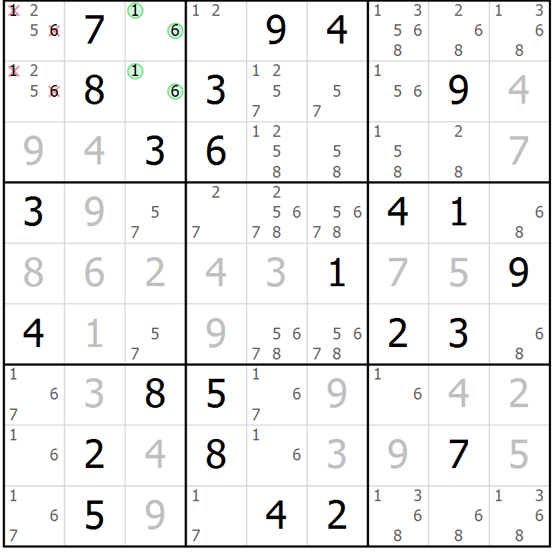 Position des candidats pour la solution de la Gr 61 page 64 du magazine de sudoku Giga sudoku niv 6-8 n° 032