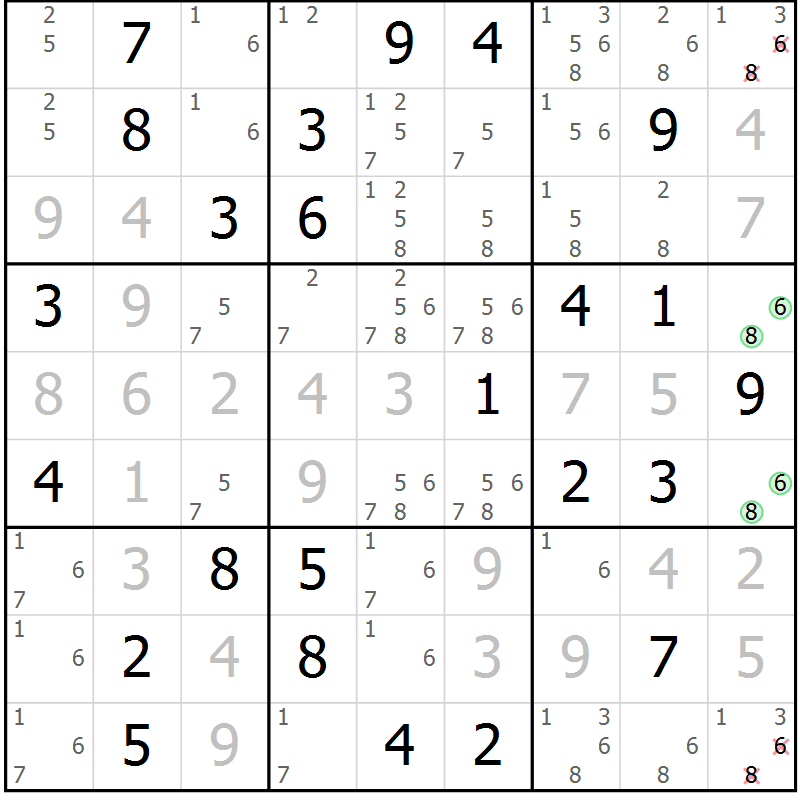 Position des candidats pour la solution de la Gr 61 page 64 du magazine de sudoku Giga sudoku niv 6-8 n° 032